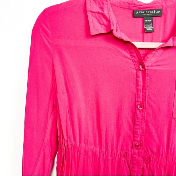 A Pea in the Pod Maternity Top, Hot Pink Long Sleeve Button-Up - Picture 3 of 10